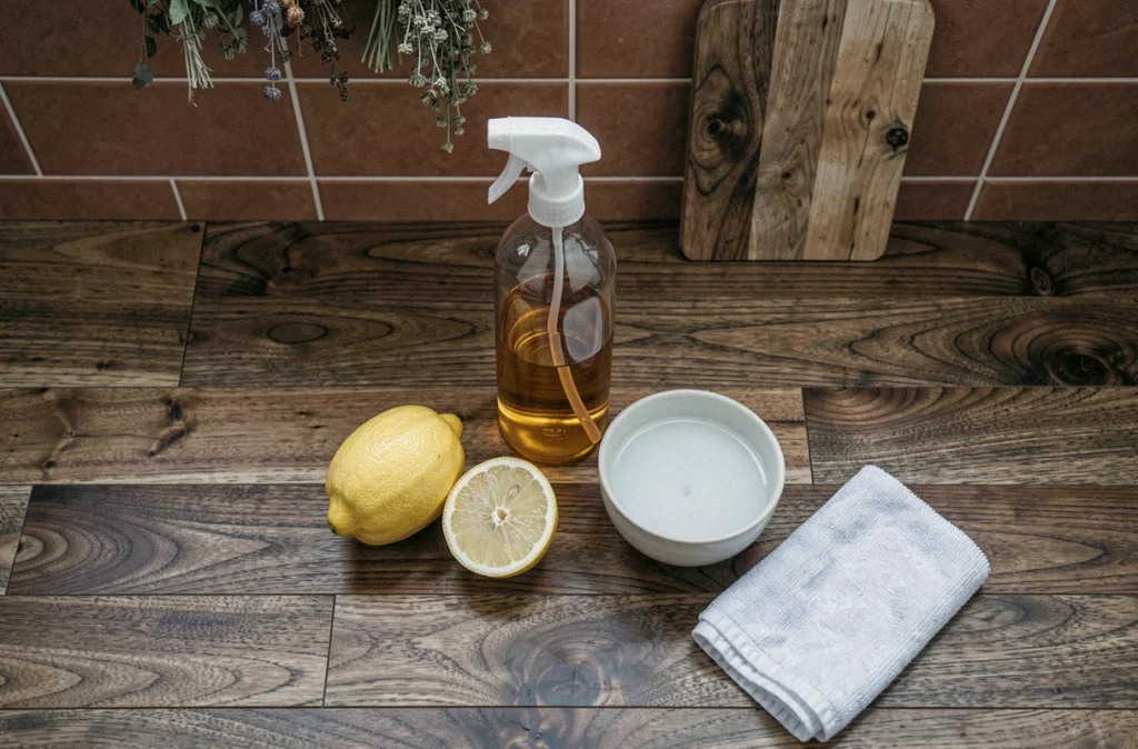 Produits naturels pour entretenir un parquet en bois : vinaigre blanc, citron et chiffon microfibre disposés sur un sol en noyer