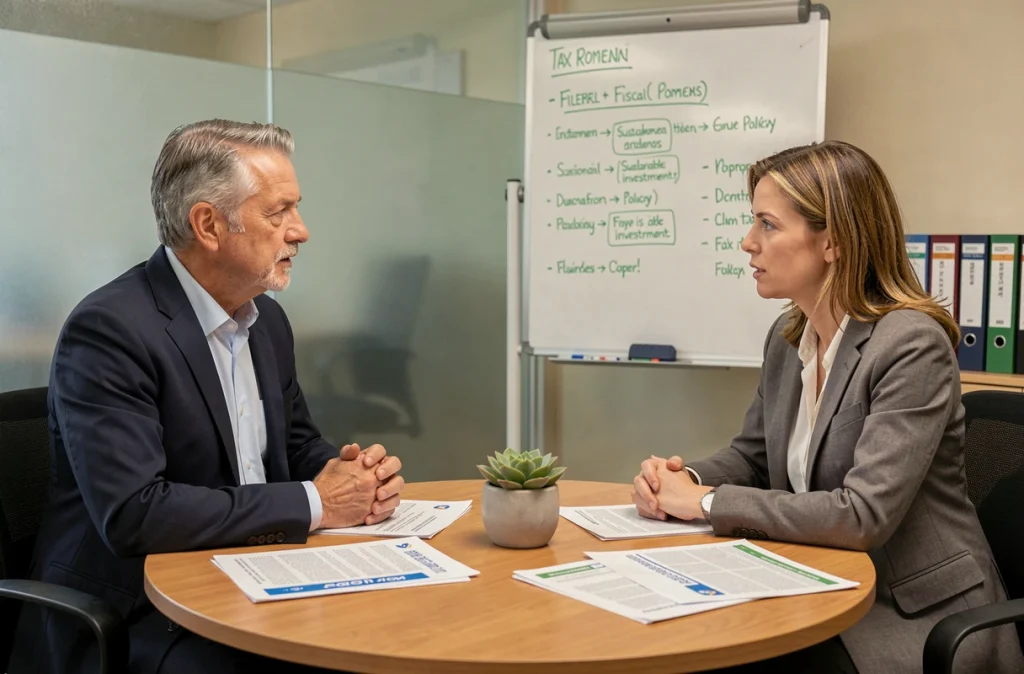 Deux professionnels discutant de stratégie d'investissement durable autour de rapports de fiscalité environnementale dans une salle de réunion
