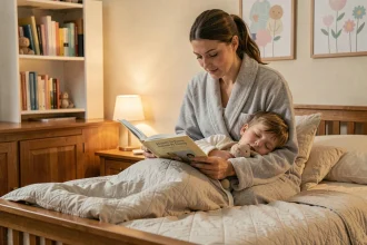 Mère lisant une histoire à son enfant dans une chambre apaisante avant le coucher, rituel du soir familial