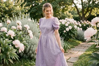Jeune femme portant une robe midi en lin lavande dans un jardin botanique fleuri, collection printemps-été aux couleurs pastel