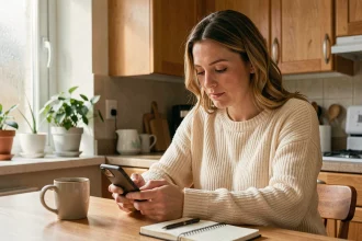 Femme jouant à Cemantix sur smartphone le matin autour d'un café dans une cuisine chaleureuse