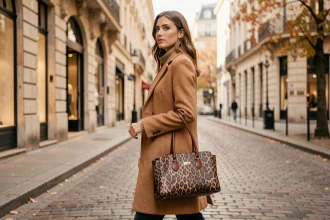 Femme élégante portant un sac à main en cuir imprimé léopard dans une rue pavée parisienne en automne