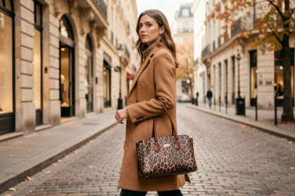 Femme élégante portant un sac à main en cuir imprimé léopard dans une rue pavée parisienne en automne