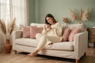 Femme détendue dans un salon aux couleurs douces et apaisantes avec décoration en tons naturels