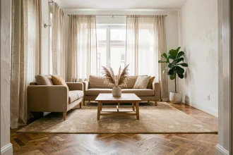 Salon lumineux avec canapé en lin beige, parquet en chêne et grandes fenêtres laissant entrer la lumière naturelle