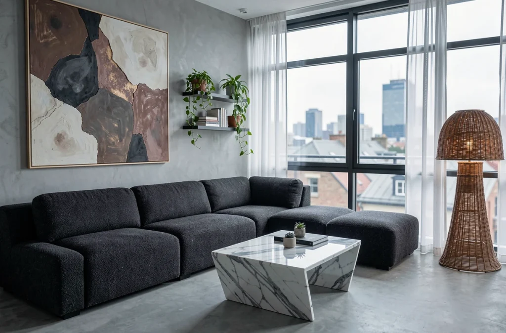 Salon moderne avec canapé en bouclé anthracite, table en marbre et grandes fenêtres offrant une vue sur les toits urbains