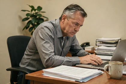 Homme sédentaire assis à son bureau avec une mauvaise posture devant un ordinateur portable, illustrant les risques liés à la sédentarité au travail