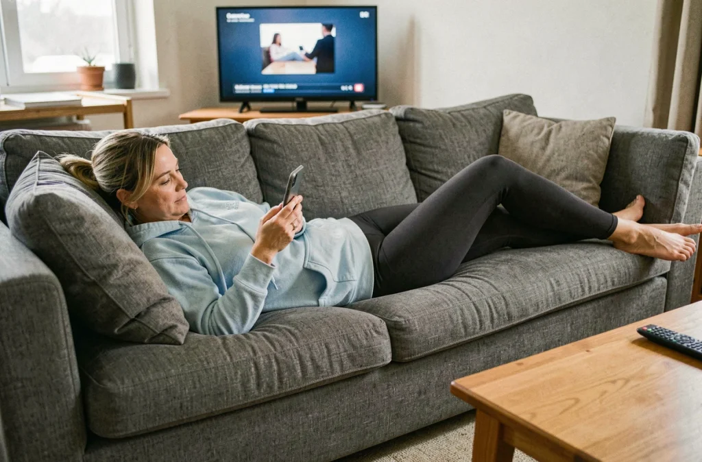 Femme adulte allongée sur un canapé en train de regarder son smartphone pendant de longues heures, représentant la sédentarité au quotidien à la maison