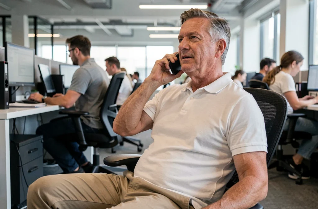 Homme d'âge mûr assis dans un bureau en open space en train de téléphoner, symbolisant la sédentarité professionnelle prolongée et ses effets sur la santé des adultes