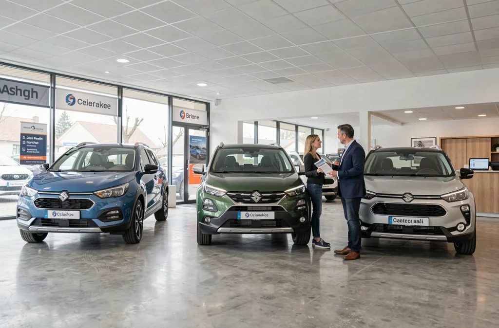 Showroom de concession automobile française avec plusieurs petits SUV exposés et un vendeur conseillant une cliente