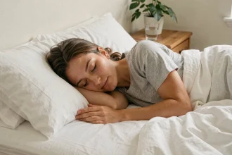 Femme endormie paisiblement dans un lit blanc en lin, illustrant l'importance du sommeil réparateur pour renforcer le système immunitaire