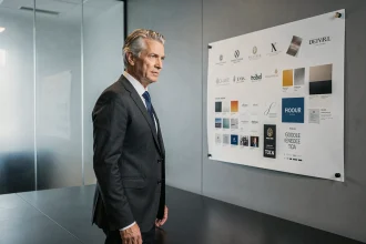 Stratège de marque analysant un moodboard de luxe dans une salle de réunion minimaliste