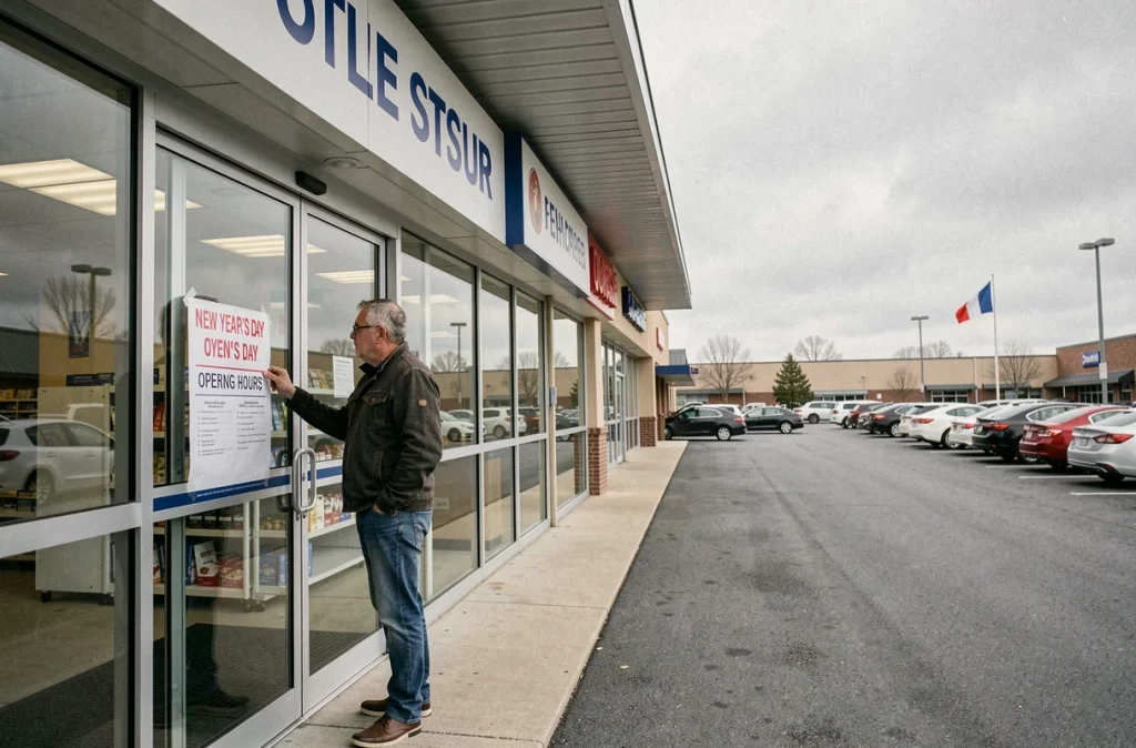 Homme lisant les horaires d'ouverture d'un supermarché affiché sur la porte le 1er janvier