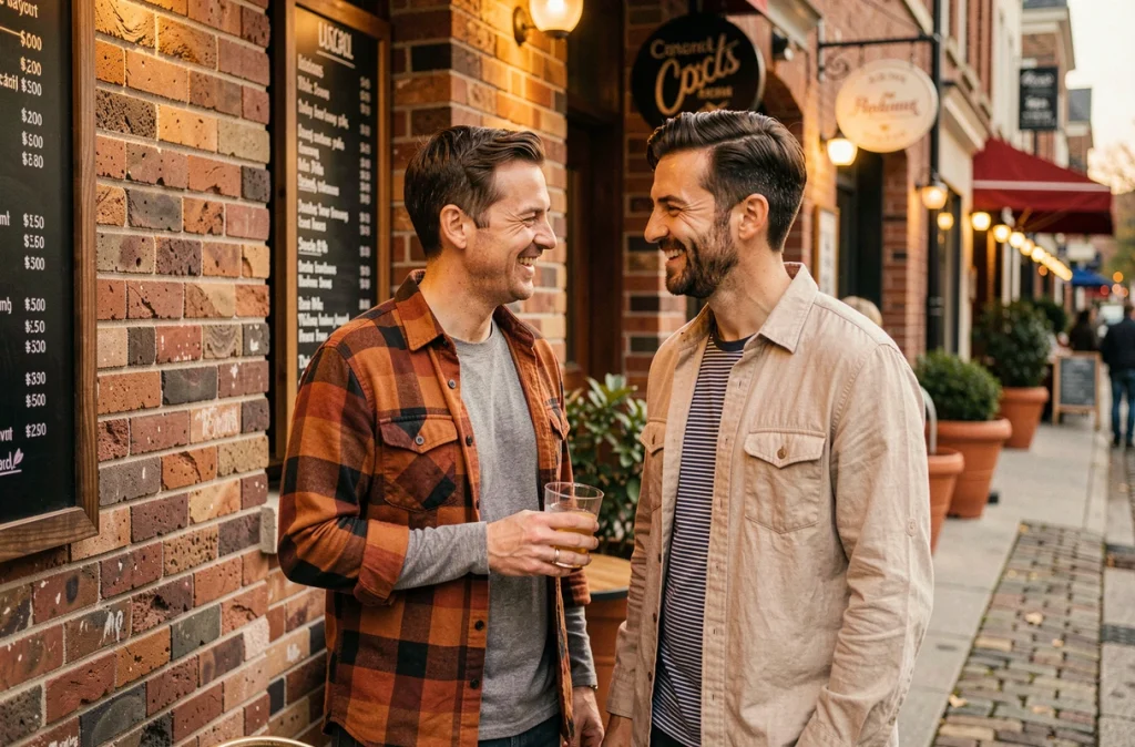 Couple portant des surchemises flanelle et lin devant un bar à vin, style quotidien polyvalent pour une sortie en ville
