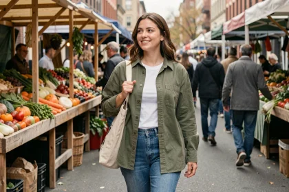 Femme portant une surchemise verte oversize au marché du week-end, tenue décontractée et polyvalente pour le quotidien