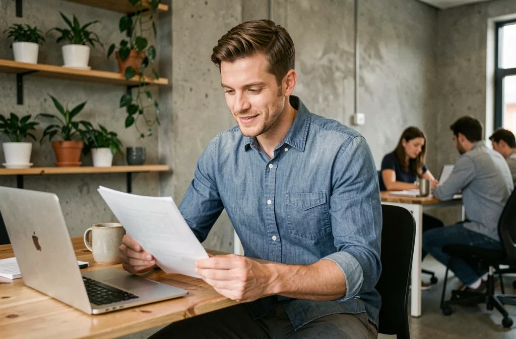 Homme en surchemise chambray indigo dans un espace de coworking, style smart casual adapté au bureau