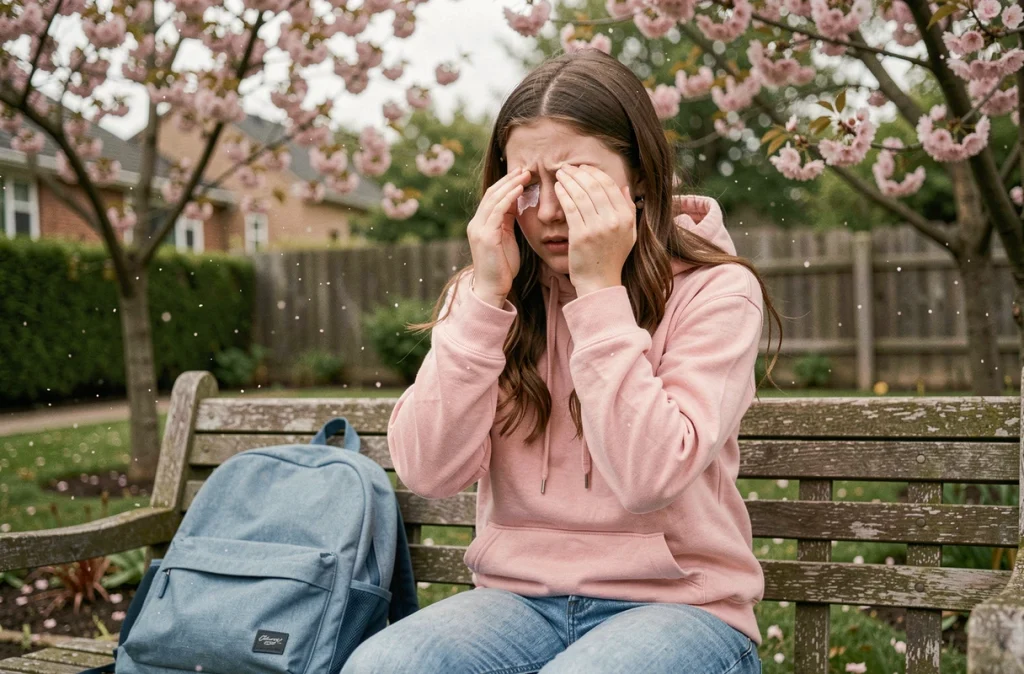 Jeune fille aux yeux gonflés et irrités assise dans un jardin au printemps, symptômes d'allergie saisonnière au pollen