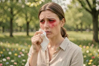 Femme souffrant d'allergie saisonnière dans un parc fleuri au printemps, yeux rouges et tissue à la main