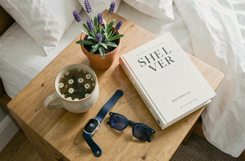 Table de chevet avec tisane, plante de lavande et accessoires de bien-être pour un sommeil de qualité favorisant l'immunité