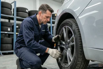 Technicien automobile inspectant un pneu quatre saisons dans un garage moderne