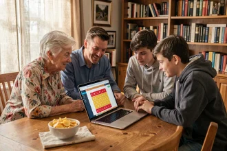 Famille réunie autour d'un ordinateur portable pour jouer au jeu Motus en ligne lors d'un tournoi familial