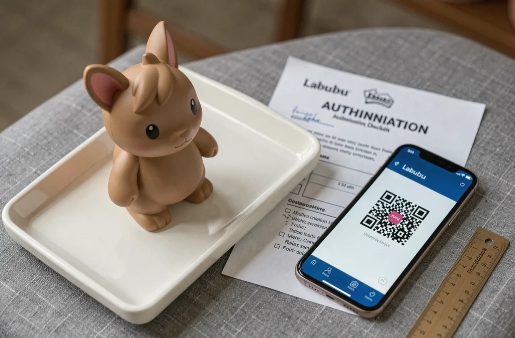 Gros plan sur une figurine Labubu avec checklist d'authentification, règle et scan de QR code pour vérifier sa conformité