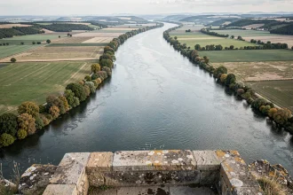 Vue panoramique aérienne du Danube serpentant à travers un paysage d'Europe centrale avec plaines et collines verdoyantes
