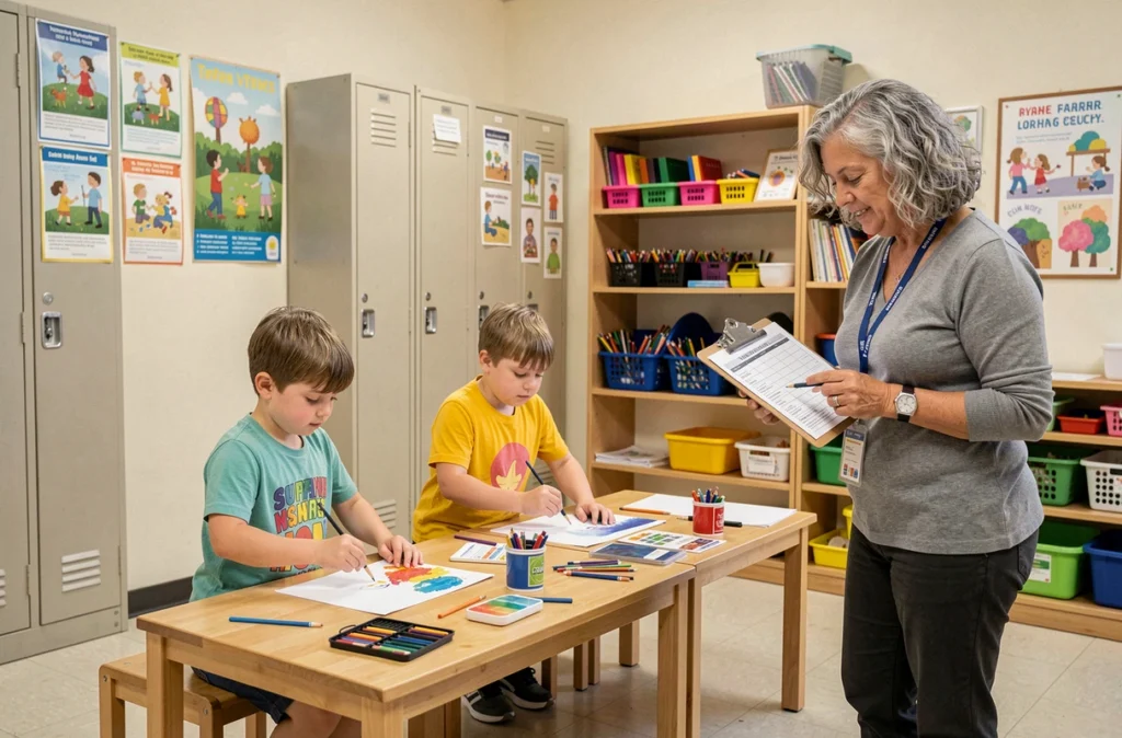 Enfants participant à une activité périscolaire encadrée dans un centre de loisirs avec éducatrice vérifiant un planning