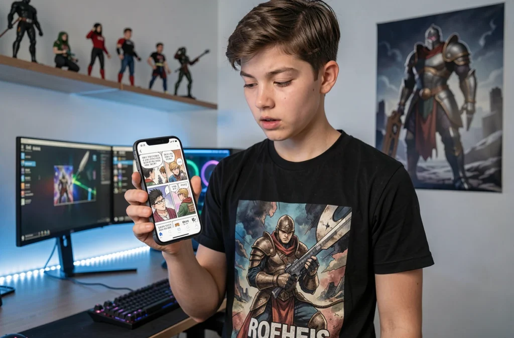 Adolescent lisant Solo Leveling en scan VF haute qualité sur smartphone dans une chambre gaming