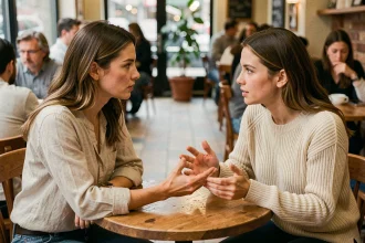 Deux amies discutant ouvertement dans un café, illustrant l'importance de la communication et des limites dans les relations amicales et amoureuses