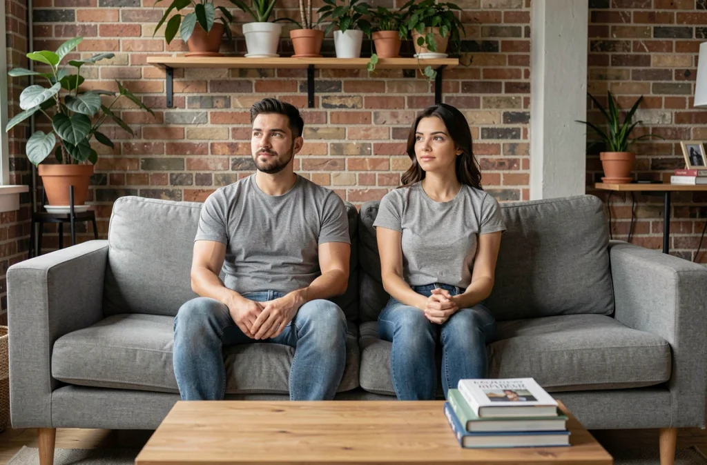 Couple assis côte à côte dans un salon moderne avec un espace respectueux entre eux, symbolisant les limites saines dans la vie de couple