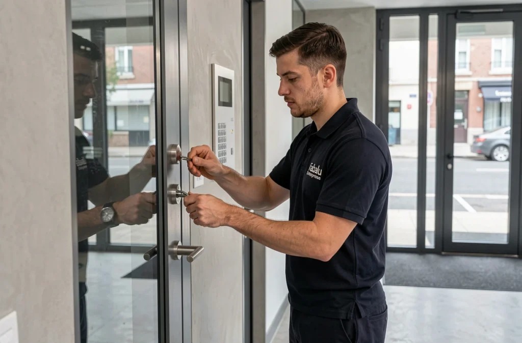 Technicien Fabalu Entreprise remplaçant un cylindre de serrure à l'entrée d'un immeuble moderne à Tours