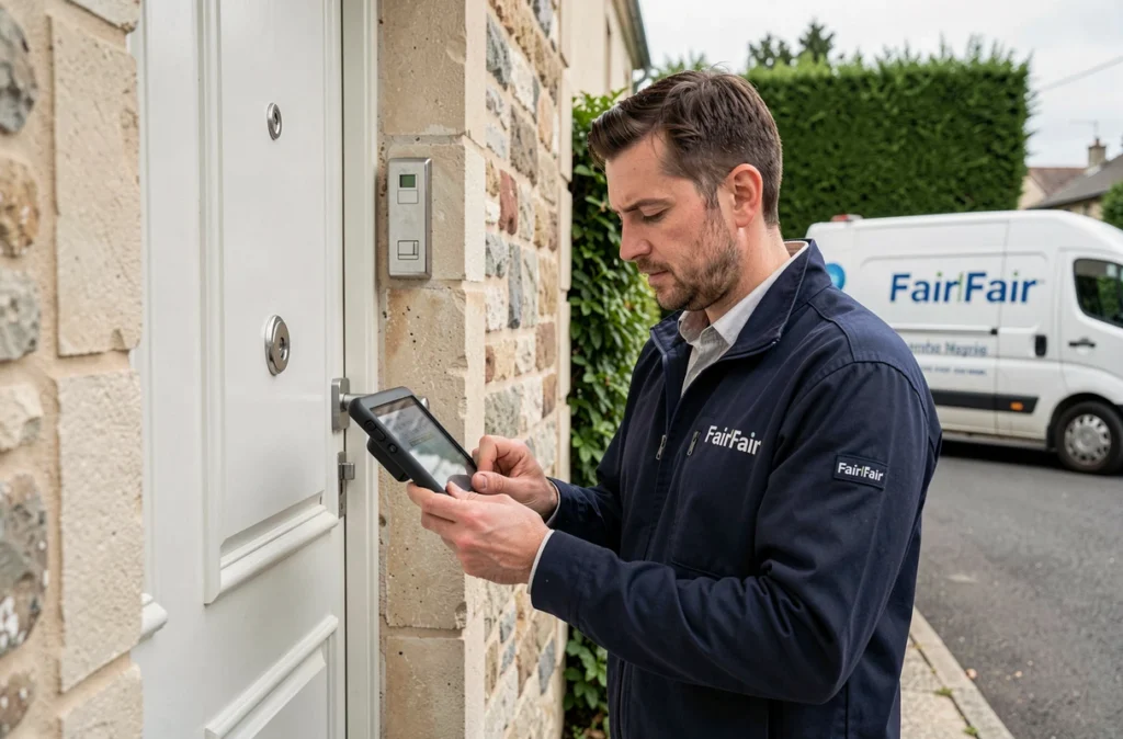 Serrurier du réseau FairFair en intervention devant une maison de ville à Tours avec tablette de diagnostic