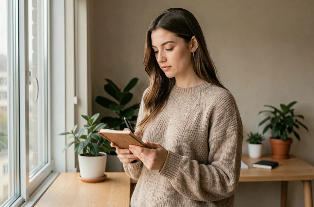 Jeune femme tenant un journal personnel près d'une fenêtre, reflétant sur les limites et l'équilibre dans sa vie amoureuse