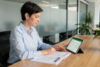 Gestionnaire administrative analysant des documents de conformité ERP sur tablette et papier dans un bureau moderne