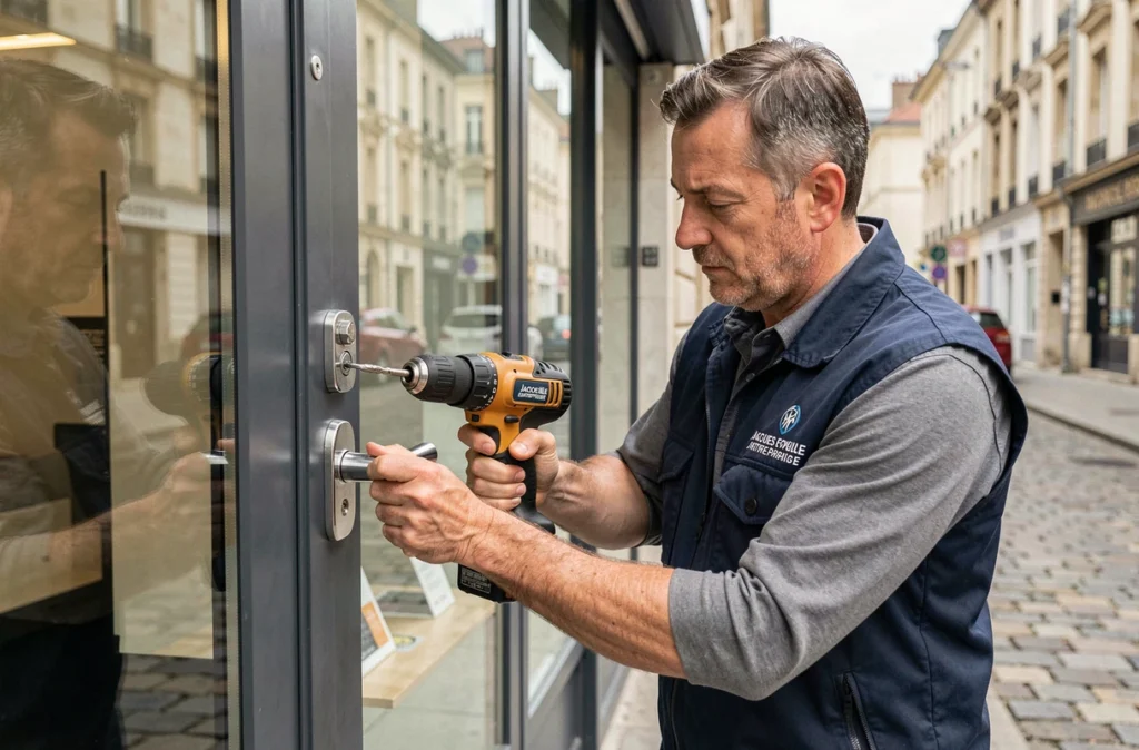 Serrurier de Jacques Forveille Entreprise posant une nouvelle serrure haute sécurité sur une porte commerciale à Tours