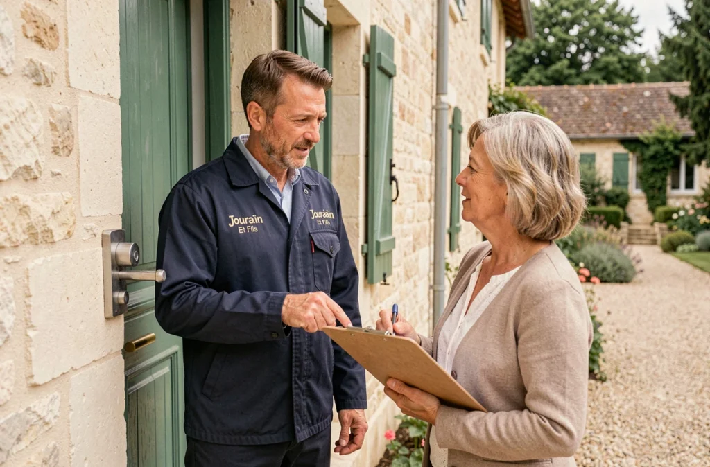 Serrurier de Jourdain Et Fils consultant une propriétaire devant une maison en tuffeau typique de Tours