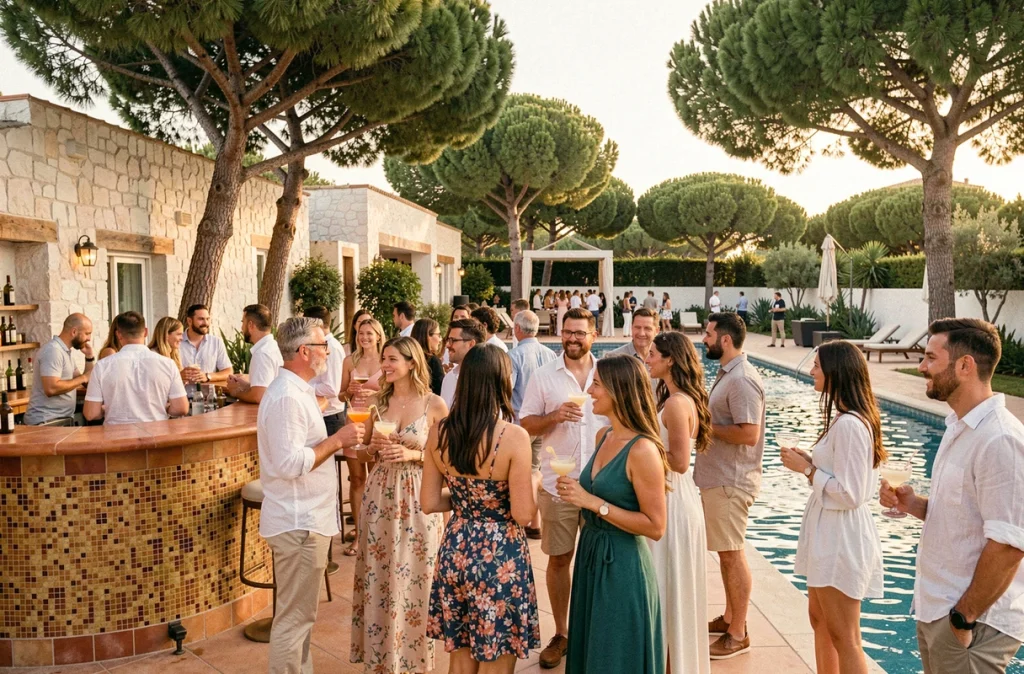 Terrasse extérieure festive de La Villa Rouge à Montpellier avec piscine et décor méditerranéen
