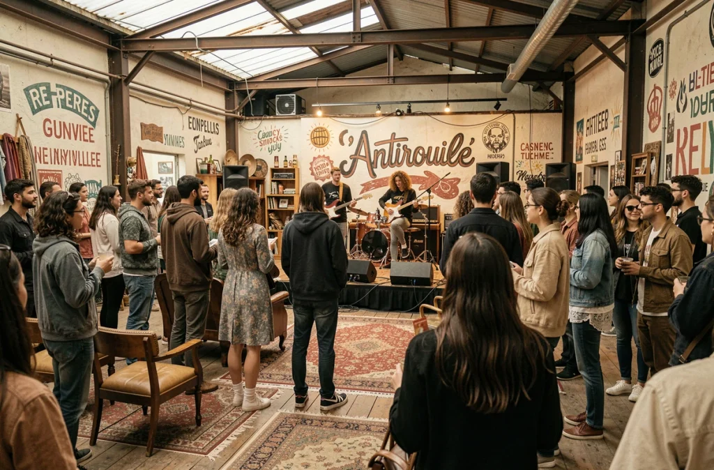 Salle de concert alternative L'Antirouille à Montpellier avec scène en entrepôt industriel et public bohème
