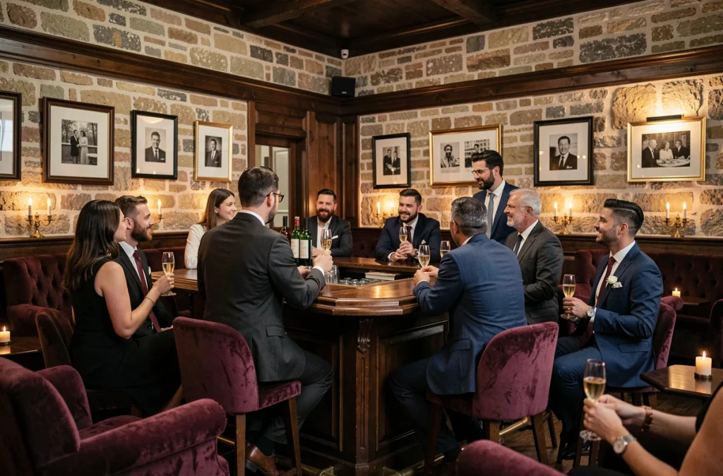 Intérieur raffiné du Carré Famous Club à Cahors avec murs en calcaire et bar central en bois sombre