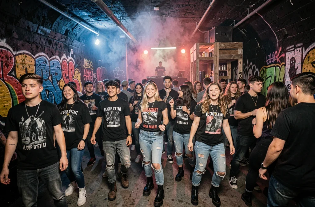 Ambiance underground et alternative du Coup d'Etat à Toulouse avec murales graffiti et foule dansante