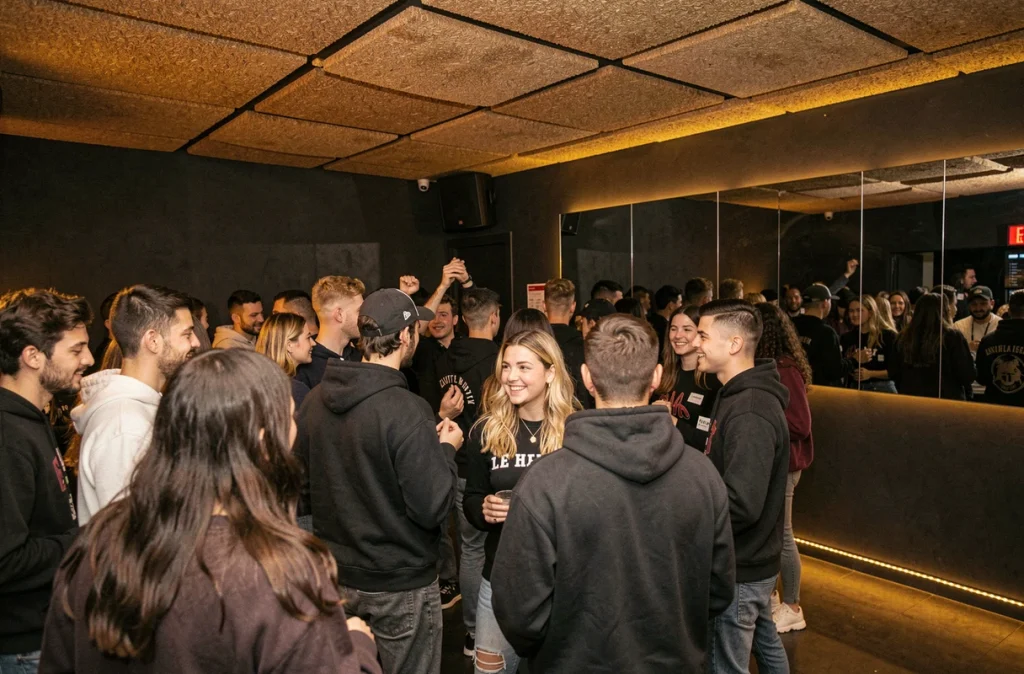 Piste de danse animée du Heat à Montpellier avec ambiance urbaine et bar à surface miroir