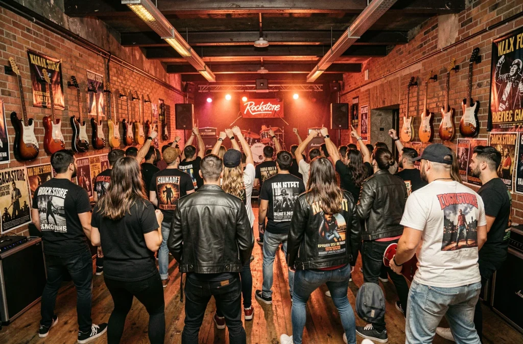Ambiance rock authentique au Rockstore de Montpellier avec une foule devant une scène décorée de guitares