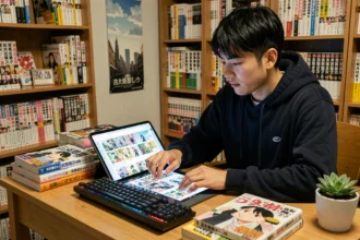 Jeune homme lisant Solo Leveling en scan VF sur une tablette dans une chambre décorée de mangas