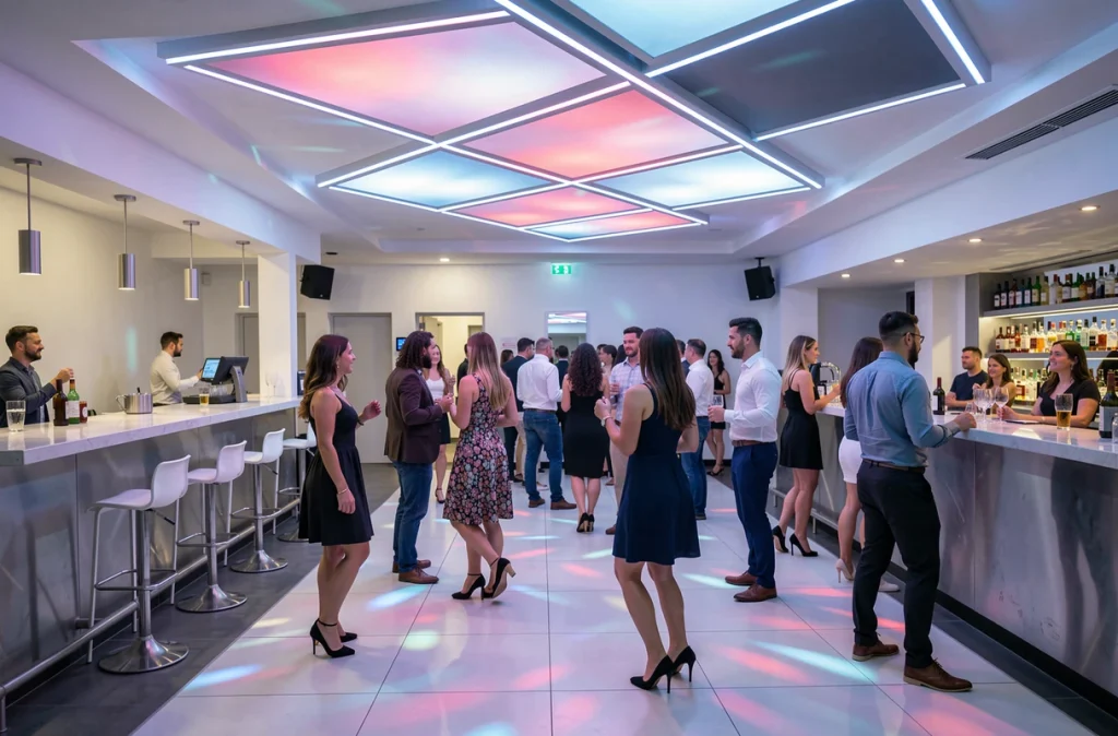 Intérieur moderne de L'Envol à Balma avec panneaux LED géométriques et piste de danse contemporaine