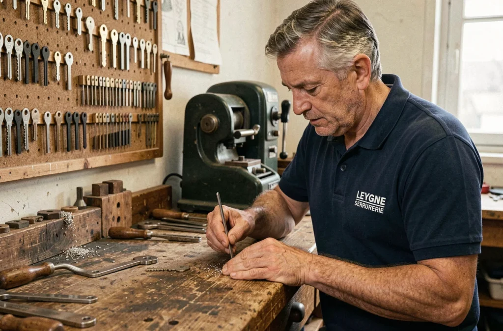 Artisan serrurier de Leygne Serrurerie en train de travailler une clé dans un atelier traditionnel à Tours