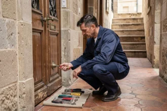 Serrurier professionnel intervenant sur une porte en pierre à Tours, outils posés au sol, ambiance artisanale authentique