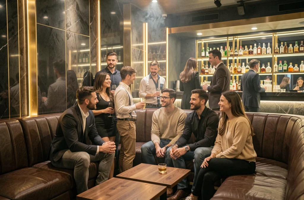 Intérieur élégant du Pampa Club à Toulouse avec un espace VIP en cuir et un bar illuminé