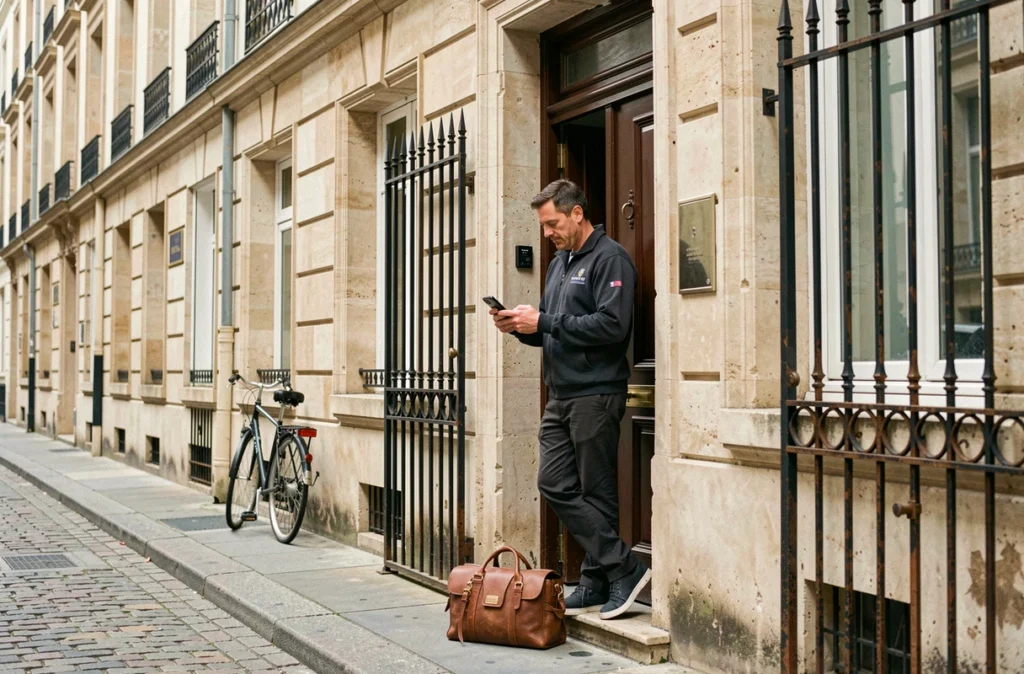 Serrurier réservé via RDV Artisans arrivant à une adresse résidentielle de Tours, smartphone à la main