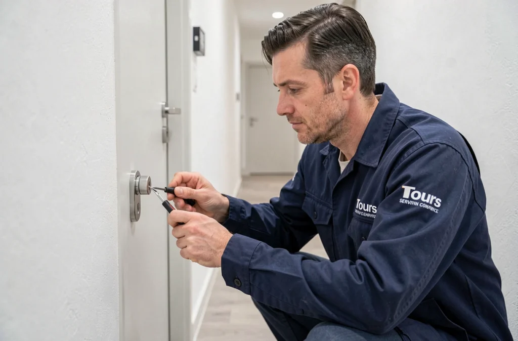 Technicien de Tours N Service en intervention sur une serrure de porte d'appartement dans une résidence moderne